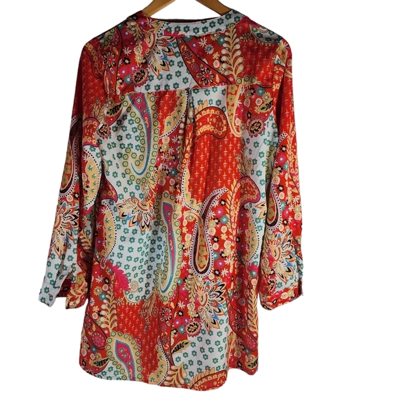 Women's MISSLOOK Orange Paisley Long Sleeve Button Boho Down Tunic Top Medium - Picture 2 of 11
